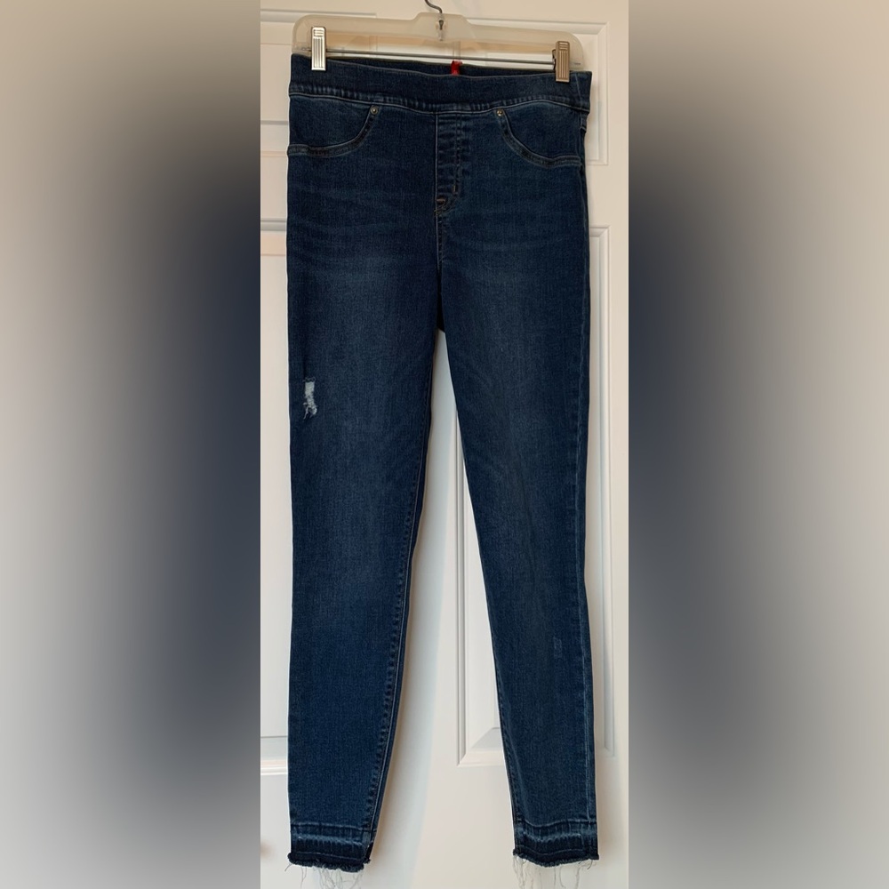 SPANX high rise tummy control jeans size M dark wash raw edge pull on comfort